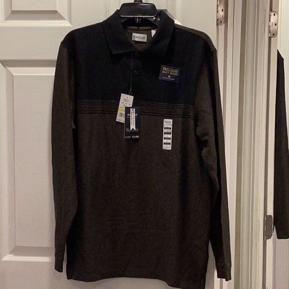 Black and Brown Mens Long Sleeve Polo Shirt - Picture 2 of 4